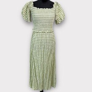 Max Studio Smocked Puff Sleeve Midi Dress Size Small Green Ivory Cottage Prairie